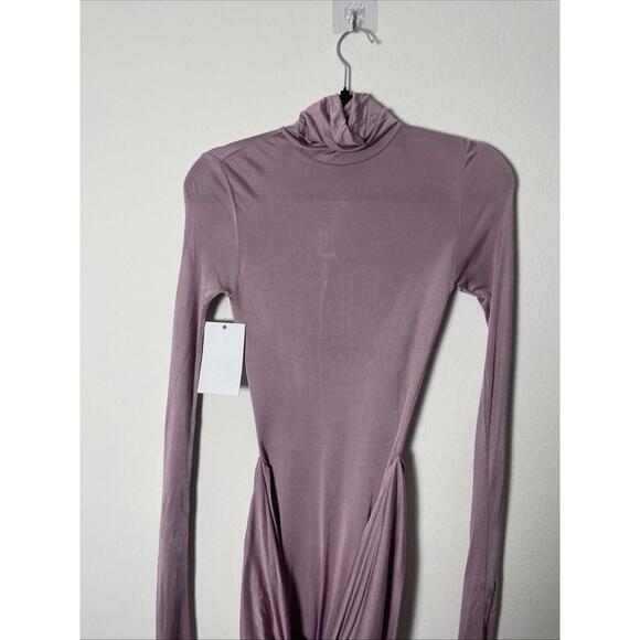 Helsa Slinky Jersey Ruched Sarong Maxi Dress Turtleneck Long purple Sz L $398 - Picture 9 of 12